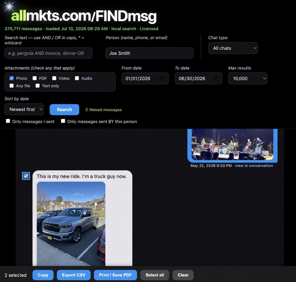 FINDmsg example: search by contact Joe Smith, photos, date range, export to print or PDF